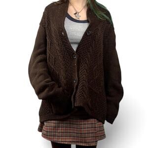 Eddie Bauer Brown Shawl Collar Cable Knit Speckle Cardigan Sweater Sz Large